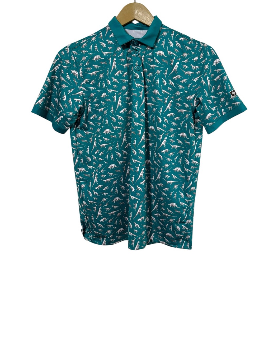 Waggle Youth XL Teal Dinosaur Print Performance Polo Shirt Golf Travel Outdoor